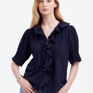 Madewell Ruffle Puff-Sleeve Peplum Top in Windowpane in Navy